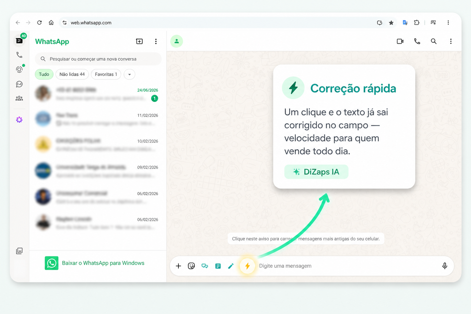 Botão Correção rápida — DiZaps IA