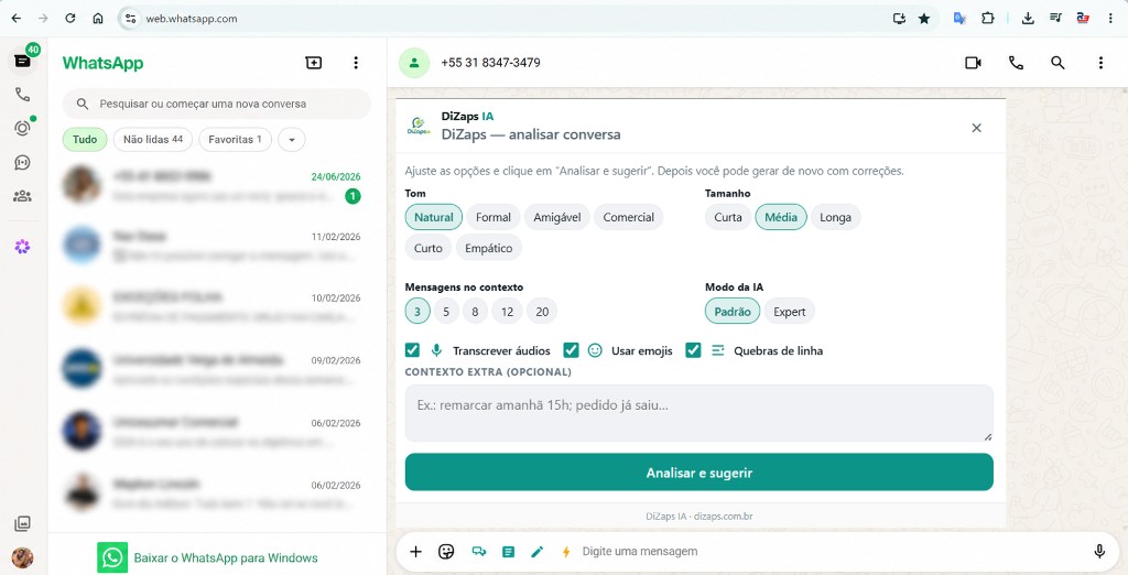 DiZaps IA analisando conversa no WhatsApp Web