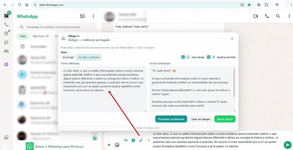 DiZaps IA melhorando português no WhatsApp Web — texto original e corrigido